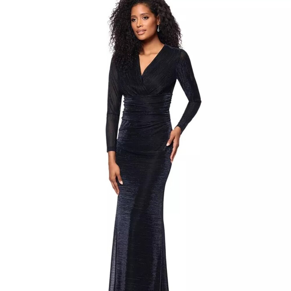 Betsy & Adam Women's Metallic V-Neck Long-Sleeve Gown Black Silver Size 10